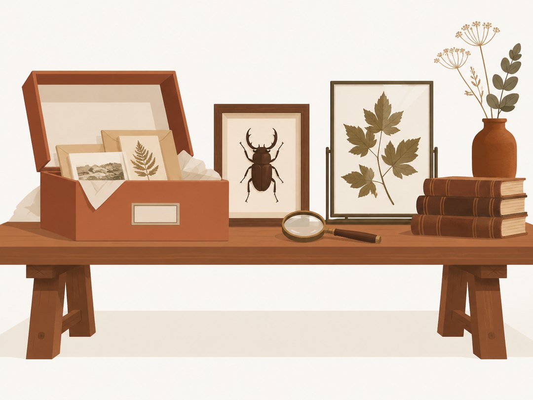 Illustration of an archive bench with a specimen frame, pressed botanical leaf, old books and a magnifying glass